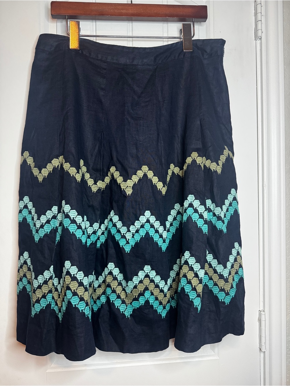 Navy A-Line linen Skirt with Green and Teal Chevron Embroidery